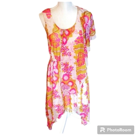 BCBGMAXAZRIA neon abstract floral asymmetrical ruffles summer midi dress - Picture 1 of 6